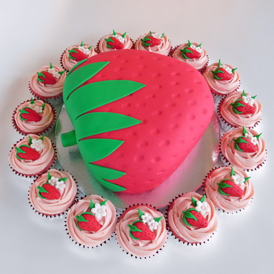 Strawberry Shaped Cake and Cupcakes