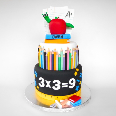 Two Tier School Themed Birthday Cake Apple with Worm Cake Colored Pencil Sake